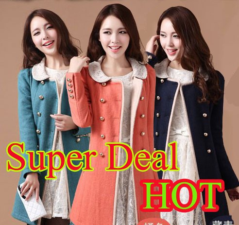 Super Deal 2012 Free Shipping Double Breasted Trench Handmade Beaded Lace Peter Pan Collar Woolen Overcoat Female Outerwear KF01