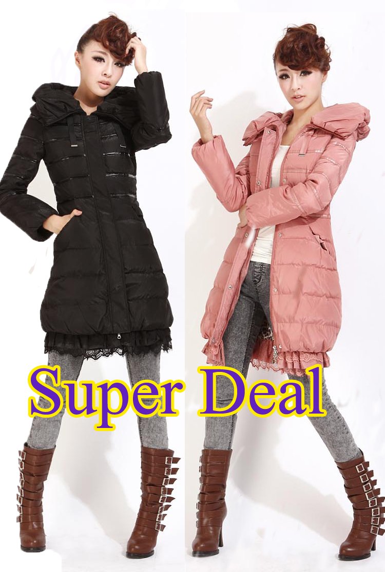 Super Deal Free Shipping 2012 NEW Women Down Jacket Lace Decoration Thickening Slim Long Design 90% White Duck Down Coat YPH01