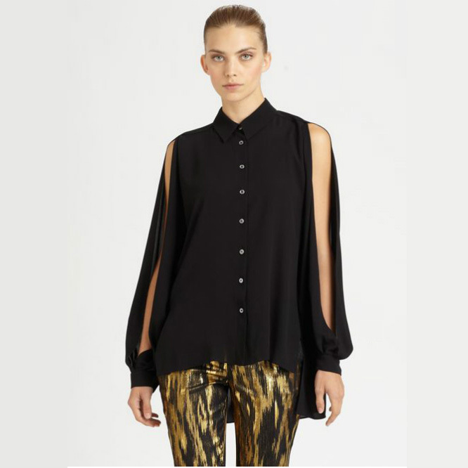 Super gas field loose money and short in front long side slit black chiffon sleeves slashed long-sleeved blouses