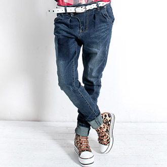 Super handsome coveredbuttons casual denim pants harem pants