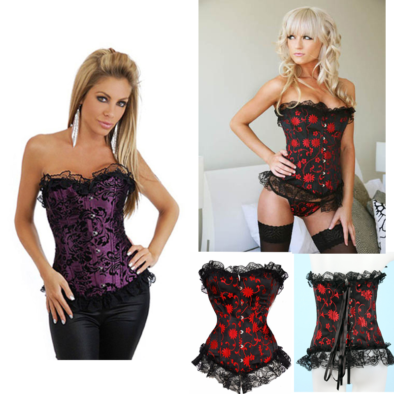 super quality 2013 fashion 2pcs lace corsets purple red embroidery overbust floral satin bustiers plus size cincher corsets