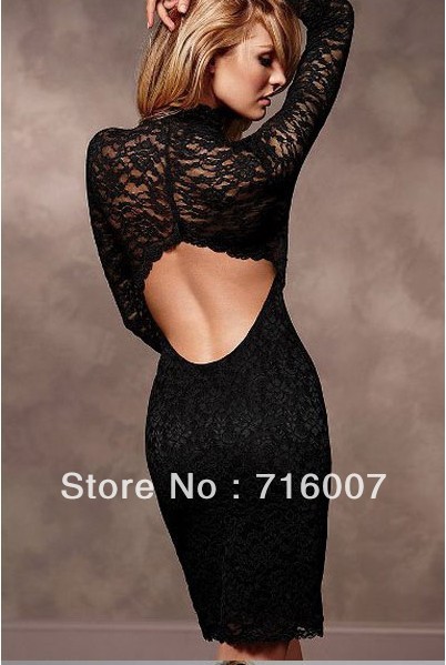 Super Sexy Open Back Long Sleeve Black Lace Dresses  Cheap Price Drop Shipping