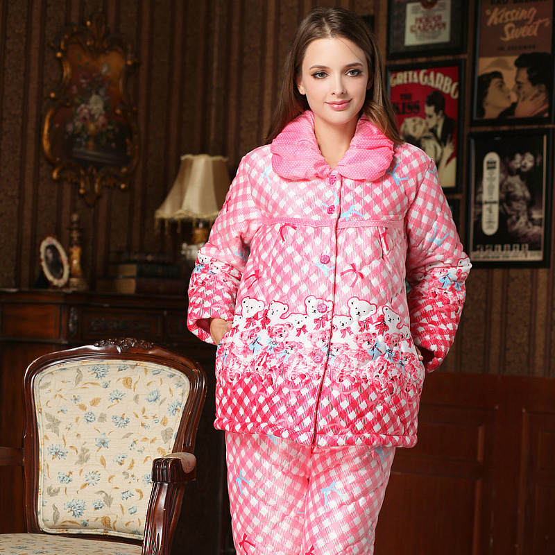 Super soft coral fleece sleepwear female autumn and winter thickening cotton-padded cartoon thermal lounge set