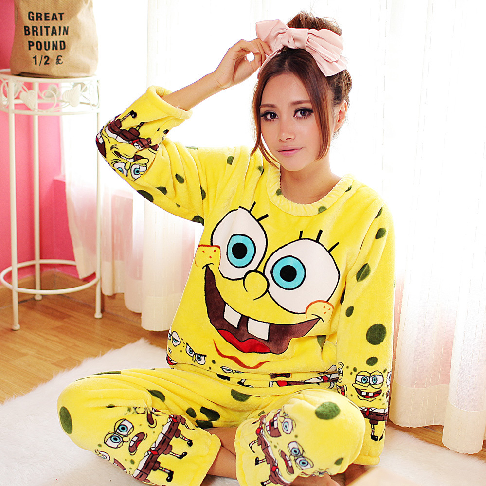 Super soft thickening coral fleece sleepwear cartoon women's autumn and winter thickening flannel sleep set