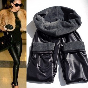 Super thermal pluses liner PU faux leather legging black punk autumn and winter