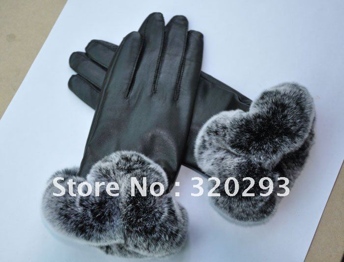 Superfine New Women's Genuine Lambskin leather Rabbit fur Warm gloves S M L