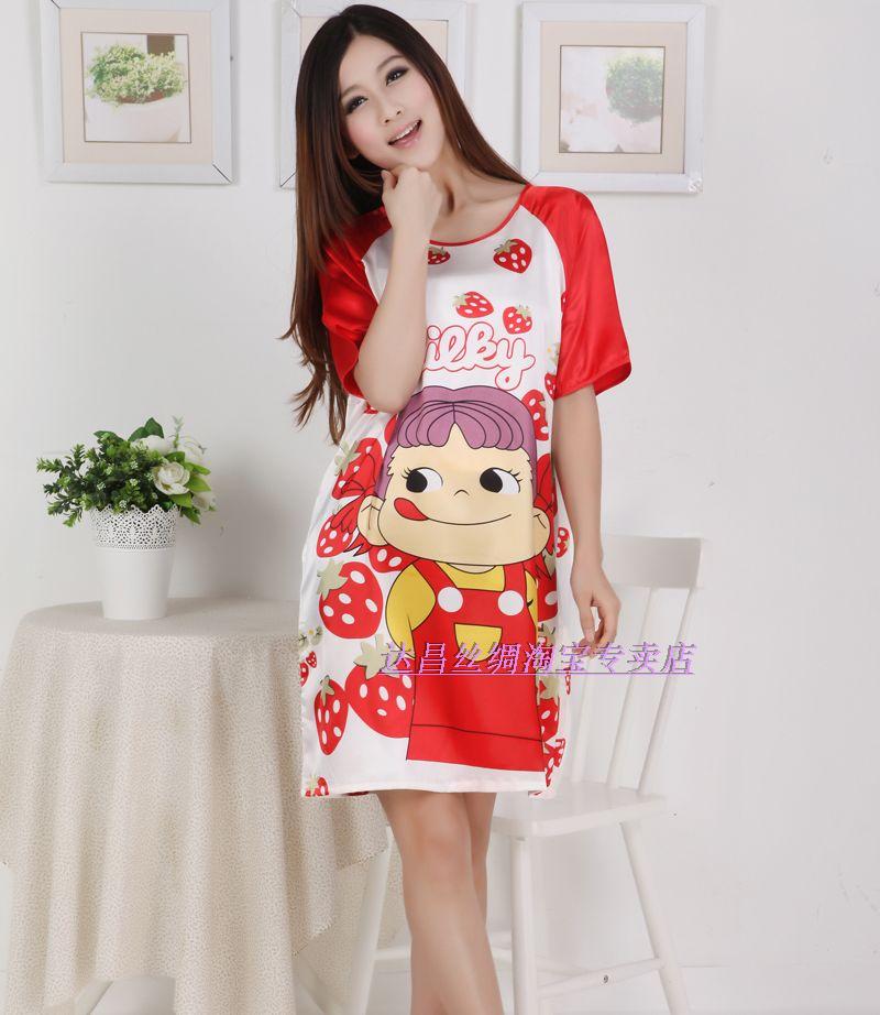 Suzhou silk female faux silk nightgown cartoon graphic patterns lively and lovely sweet silk sleepwear lounge free shipping