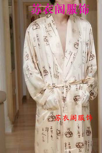 Suzhou silk male boutique print elegant silk robe embroidered bathrobe silk at home service three-color