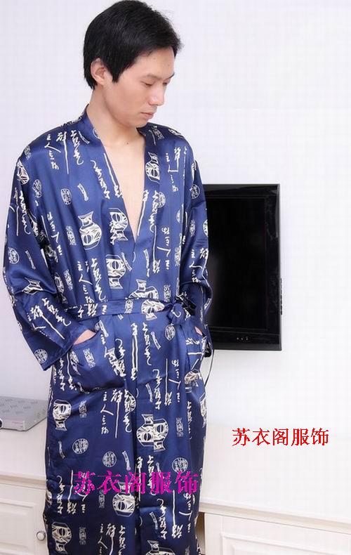 Suzhou silk quality male boutique silk robe bathrobes elegant long-sleeve robe three-color blue