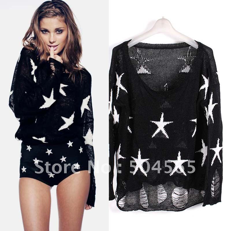 SW-064 New Arrival 2012 . Seeing Stars Sweater Holes Women's Fashion Knitted Sweater Wool Pullovers Blue/Black/Rose