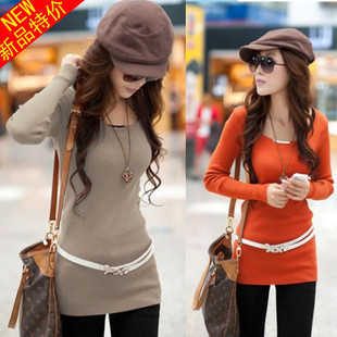 Sweater elastic slim basic shirt long-sleeve low collar wool sweater Free Shipping