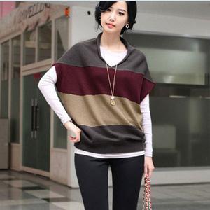 Sweater.Knitting.Three color stripe.Flying squirrel sleeve.Wine red.V-Neck.Casual.Women's.Free shipping.1 Piece.New