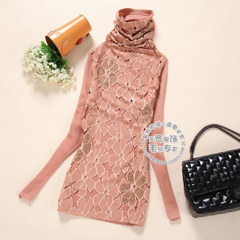 Sweater winter lace rhinestones heap turtleneck long-sleeve wool basic shirt  knitted pullovers medium long design