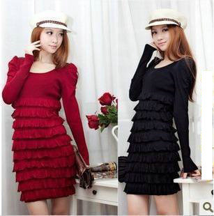 sweater women 2012, winters women's o-neck puff sleeve layered dress slim sweater female knit dress.multicolour.free shipping.