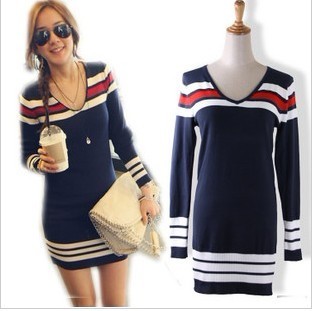 Sweaters 2012 Women Fashion Winter Korean Long Sleeve Stripe Slim Fit Long Knitted Sweaters Dress Free Shipping