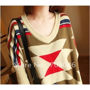 Sweaters autumn outerwear loose V-neck 2012 women's fashion double layer thickening batwing sleeve plaid women casual12112000