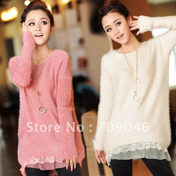 Sweaters fashion 2012 autumn and winter mohair soft long-sleeve sweep lace sweater medium-long women t-shirt 12111920