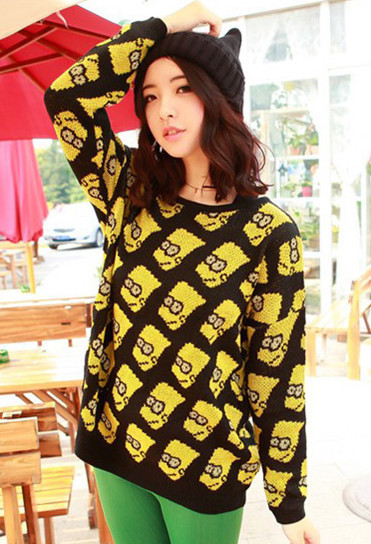 Sweaters women,Loose batwing sleeve medium-long Simpson cartoon graphic print sweater,o-neck long-sleeve knitted pullover