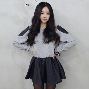 Sweatshirt style patchwork slim waist expansion bottom leather skirt patchwork one-piece dress