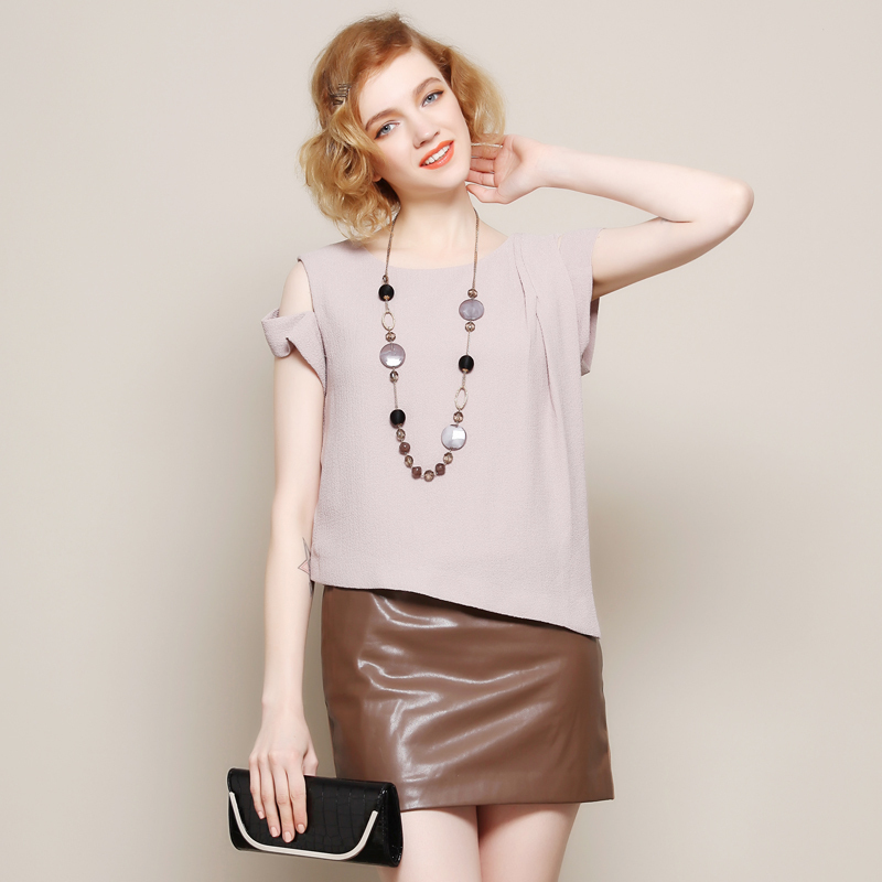 sweet  2013 spring OL outfit o-neck pure colorant match leather chiffon one-piece dress medium  sw