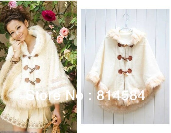 Sweet and soft fur ball women  horn button  cape coat CT024