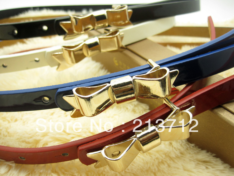 Sweet Candy Color Gold Bow Buckle Women's Japanned Leather Belt Women's Strap Thin Belt Decoration Belts Free Shipping YWJR1110