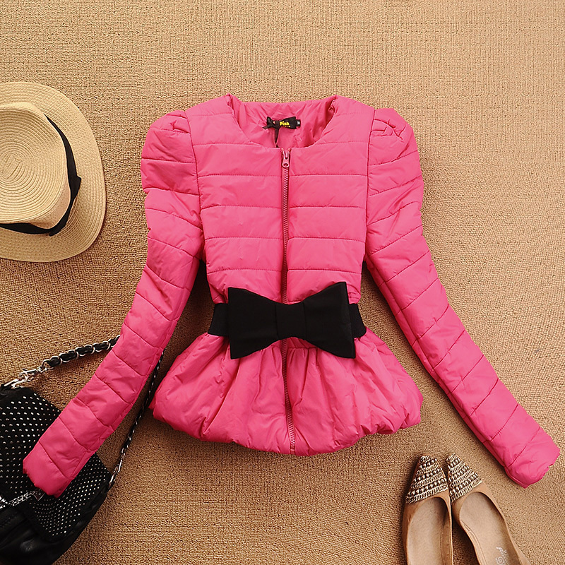 Sweet collarless slim waist bow belt skirt puff sleeve rose white black small cotton-padded jacket