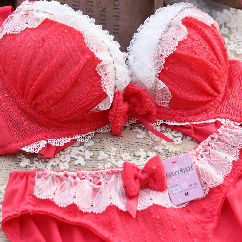 Sweet embroidery lace bow thickening push up sexy women's adjustable bra set