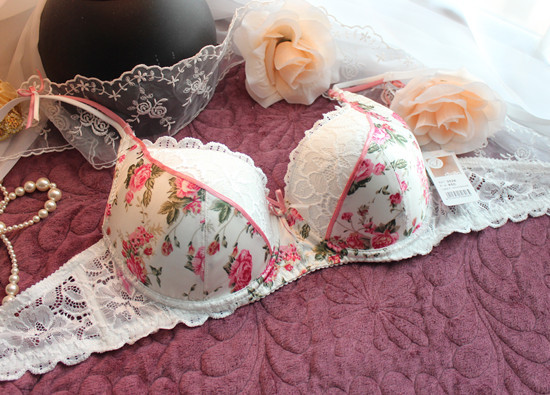 Sweet lace printing flower chiffon push-up bra  sex women's underwear