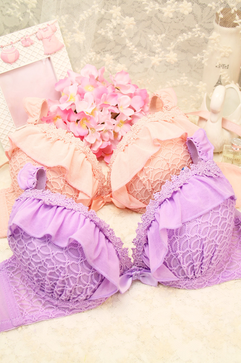 Sweet lace ruffle underwear light color deep V-neck push up bra set soft breathable underwear set