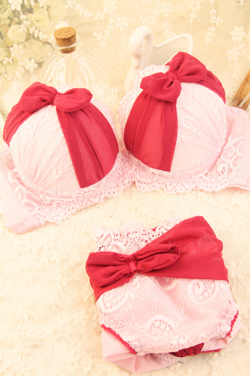 Sweet lace underwear push up deep V-neck big bow pink bra set small thickening