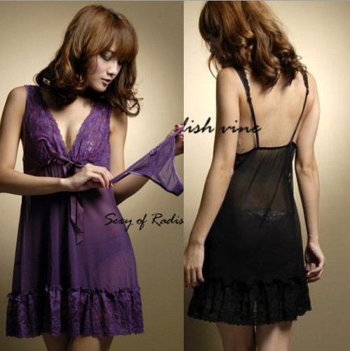 Sweet lace V-neck sexy nightgown female temptation transparent plus size sexy sleep set