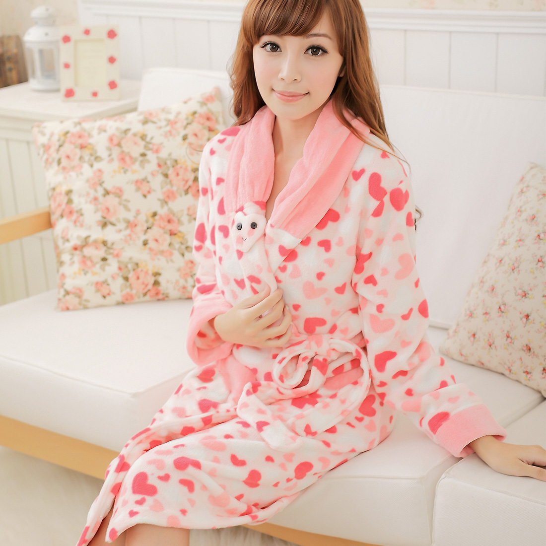 Sweet large lapel love thickening coral fleece sleepwear loose plus size robe medium-long