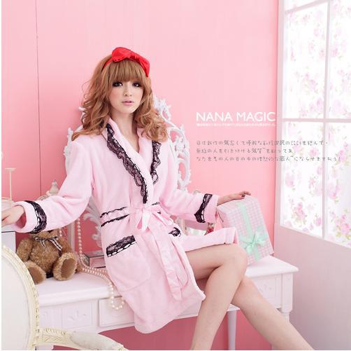 Sweet Loose-fit Bandage Coral Fleece Nightgown Bathrobe Nightrobe Sleepwear Sets 3 Colors901179-AL-0658