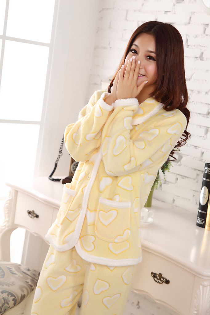 Sweet love pink coral fleece long sleeve leisure wear pajamas suit