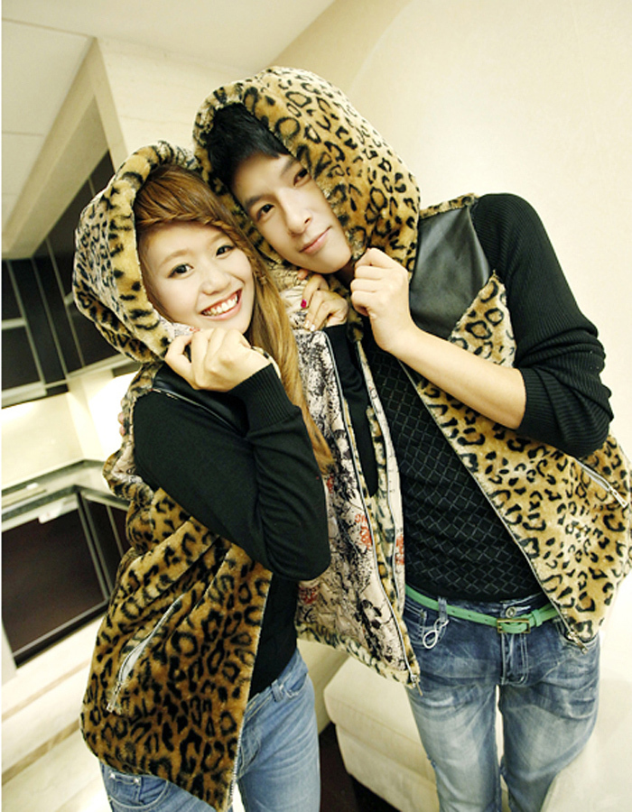 Sweet lovers design autumn and winter outerwear fashion leopard print patchwork with a hood leather vest male Women