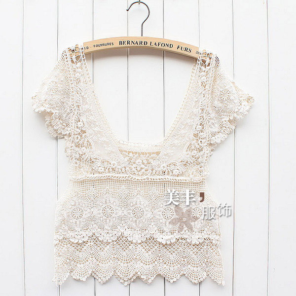 sweet mix match handmade crochet short design lace  t shirt for women white