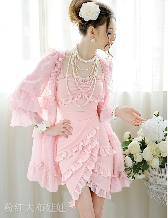 Sweet pink tower sleeve flouncing set loose chiffon shawl coat