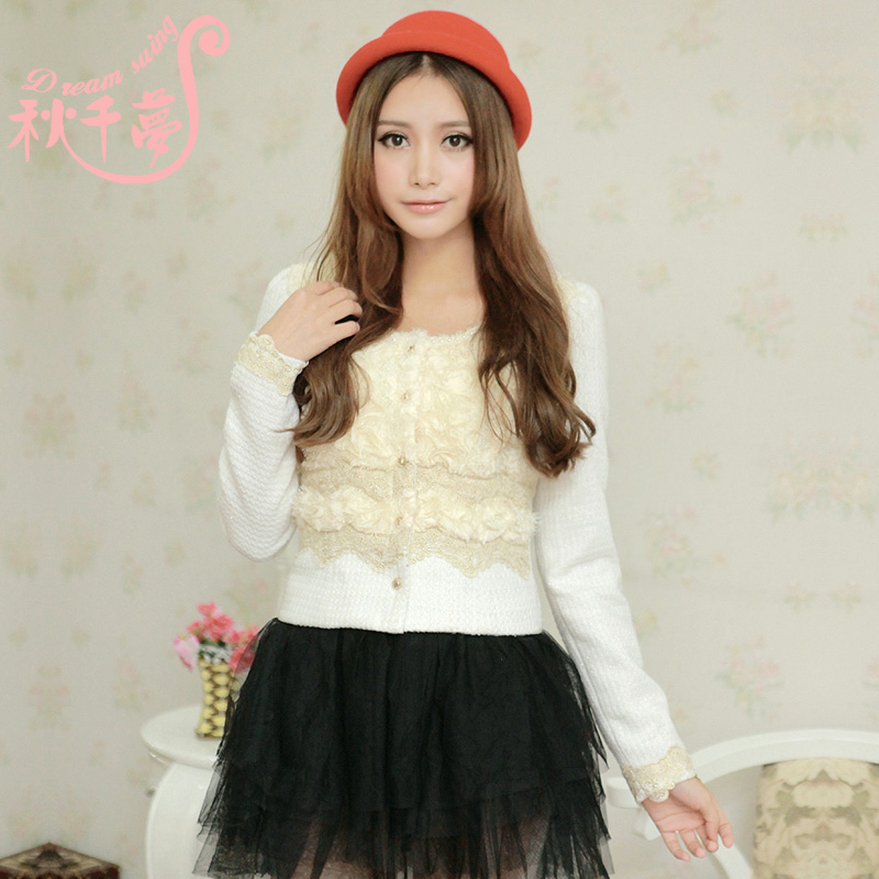 Sweet princess wind autumn and winter 2012 slim waist o-neck beading long-sleeve woolen short design outerwear female