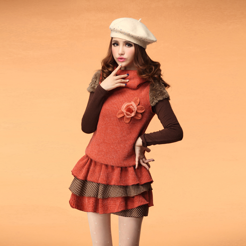 Sweet rabbit fur pocket leather sleeves patchwork twinset one-piece dress muffler scarf