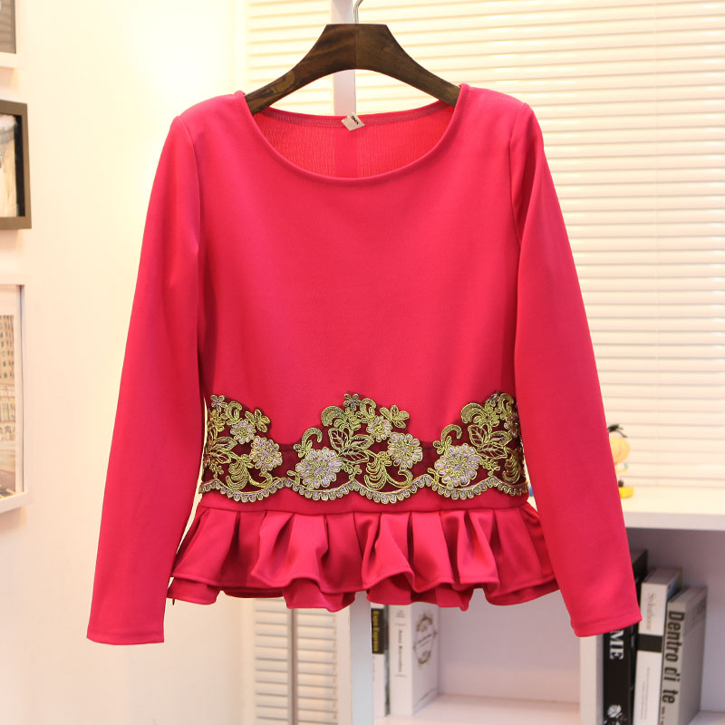 Sweet ruffle sweep lace patchwork embroidery slim basic top shirt f14