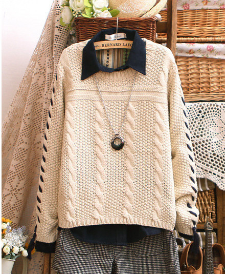 Sweet's female system twist embroidery flower wearing rope long sleeve knit sweater  Free shipping