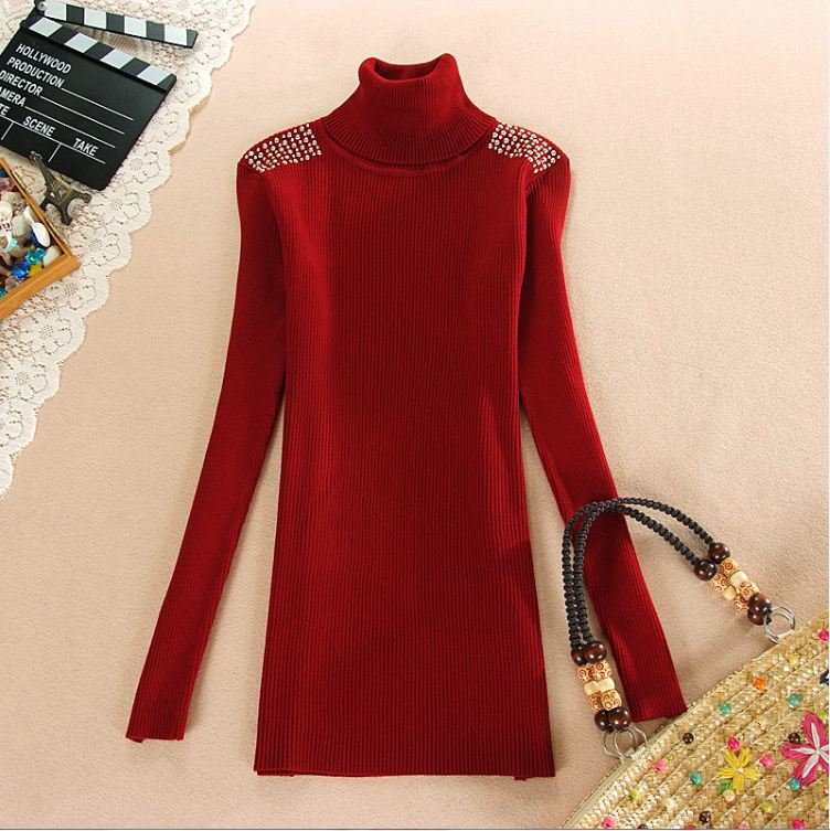 Sweet women's all-match slim long-sleeve rhinestones decoration fashion turtleneck shirt basic top wool sweater