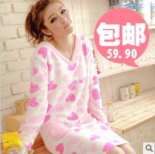 Sweet women's coral fleece lounge short nightgown winter sleeping long-sleeve booties