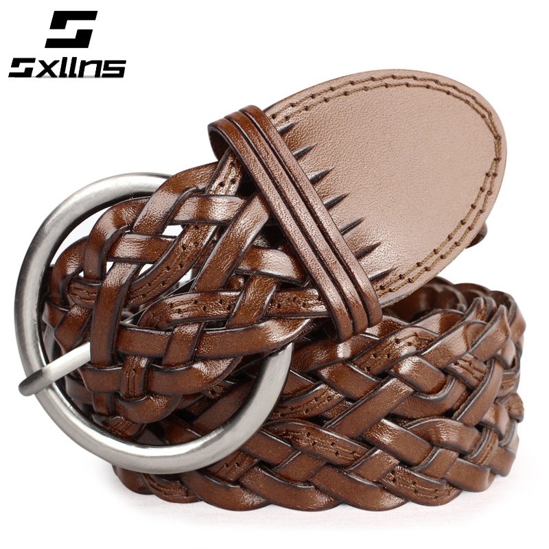 Sxllns Women knitted strap genuine leather strap female genuine leather cowhide knitted pin buckle