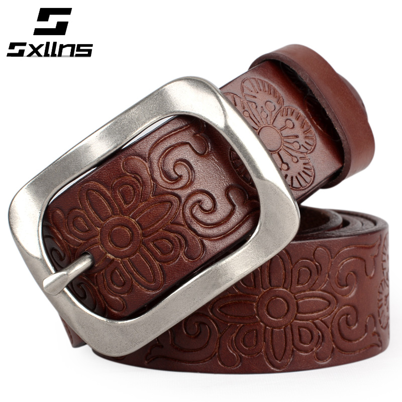 Sxllns Women strap genuine leather first layer of cowhide belt female all-match flower vintage pin buckle