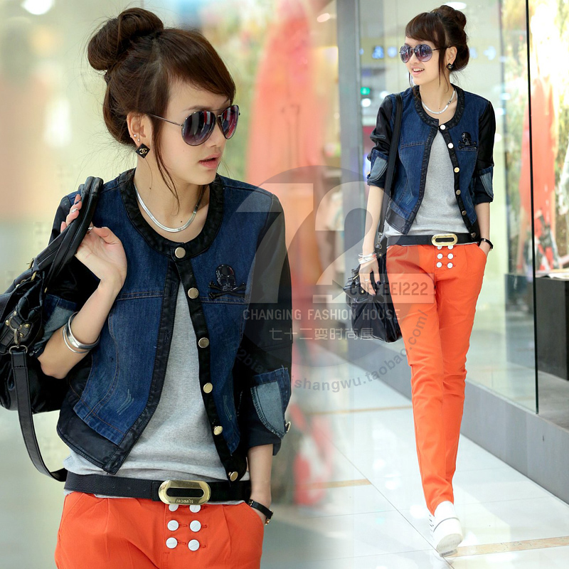 Sy8810 2013 spring women's leather patchwork single breasted short denim jacket