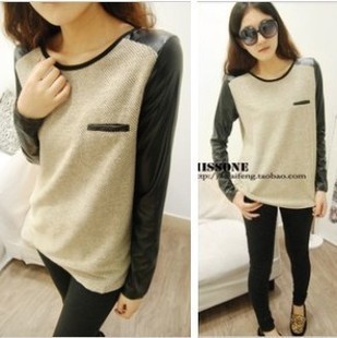 T-shirt snow cotton patchwork leather color block/ long-sleeve top women's