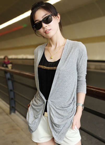 T sunscreen asymmetrical large pocket bright color cotton half sleeve knitted cardigan thin outerwear