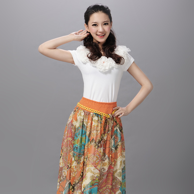 T three-dimensional pearl flower o-neck short-sleeve T-shirt full dress national trend twinset